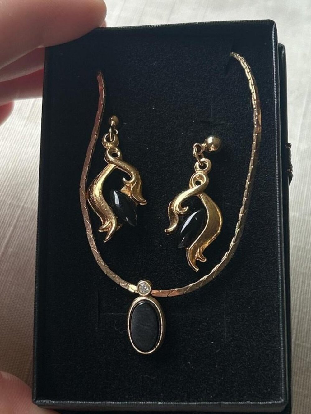 Black and Gold Necklace and Earrings Set Costume Jewelry